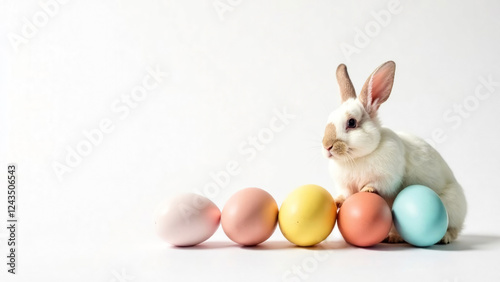 Easter composition with five pastel-colored eggs with a realistic rabbit on white backgroundsitting with empty space on the left side, for banners or greeting cards