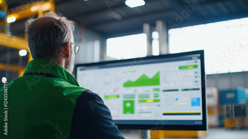 Efficient procurement officer analyzing data on large screen in warehouse