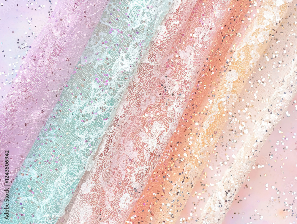 Fototapeta premium collection of elegant, feminine lace fabrics in pastel colors with sparkling sequins, creating seamless and delicate background