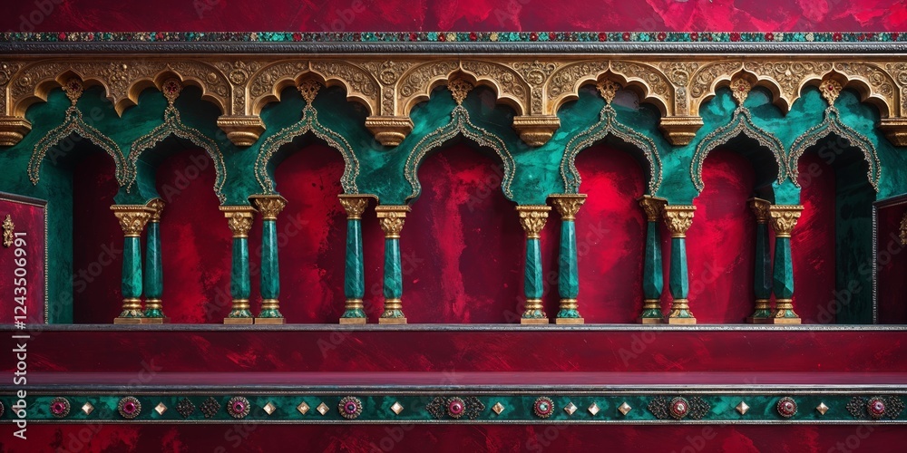 Moorish Golden Arches and Green Columns with a Red Backdrop in an Indian Palace Moorish Golden Arches and Green Columns with a Red Backdrop in an Indian Palace