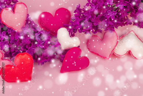 Cute greeting card for Valentine's or Mothers Day. Handmade felt hearts and lilac flowers
