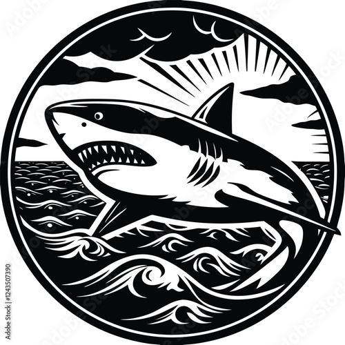 Black and white vector silhouettes of several sharks