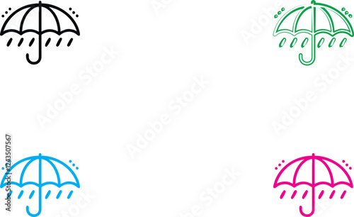 Simple umbrella icons, minimalist design, four colors, black green blue pink, raindrop pattern, circular shapes, clean linework, graphic design elements, vector illustration style, weather symbols, pr