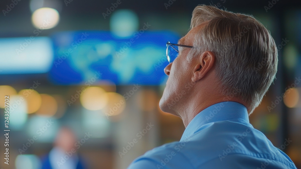 Businessman observing digital display in modern office environment, focused and engaged