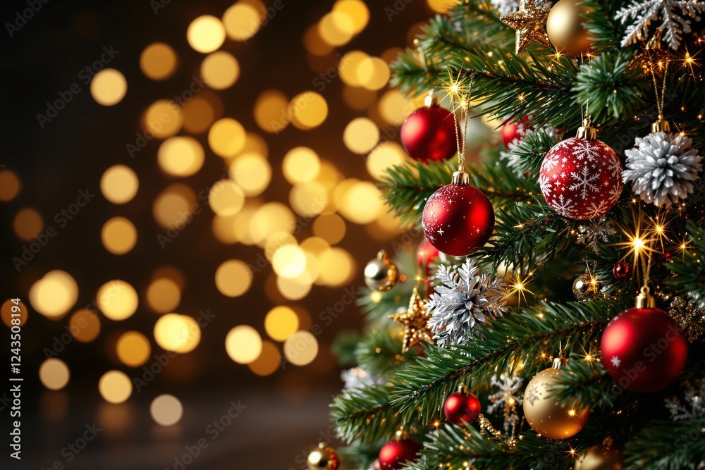 Christmas tree with red and gold ornaments on sparkling bokeh lights background. Christmas tree with red and gold ornaments on sparkling bokeh lights background.