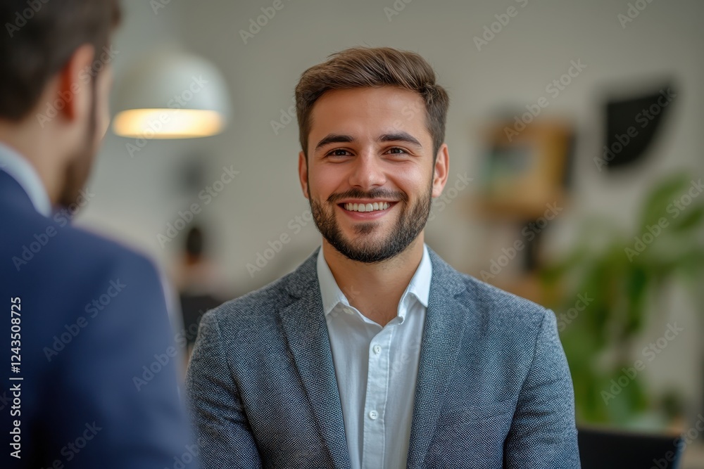 Naklejka premium Two men in suits engaging in a friendly conversation with smiles in a professional setting