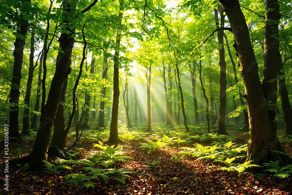 Obraz premium Beautiful forest scene with sunlight streaming through the lush green canopy.