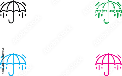 Simple umbrella icons, minimalist design, four colors, black green blue pink, raindrop pattern, circular shapes, clean linework, graphic design elements, vector illustration style, weather symbols, pr
