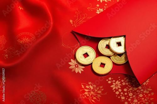 Golden coins spilling from red envelope against decorative red fabric background. photo