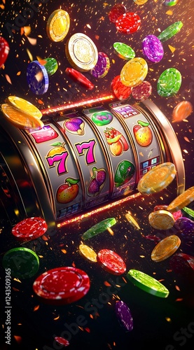 A slot machine with a large number of coins on it. The machine is colorful and has a bright, fun appearance