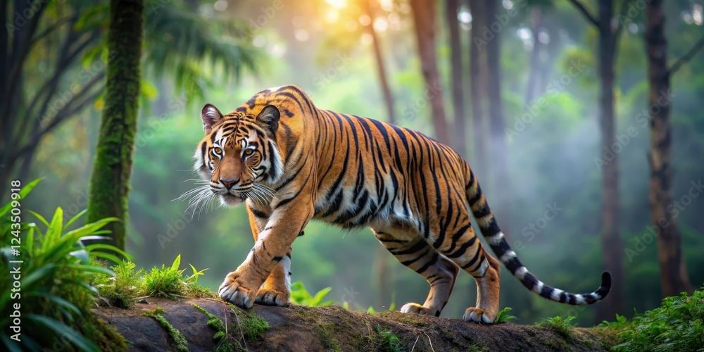 Obraz premium A majestic Malayan tiger stretches in a dense forest, its fur blending with the surroundings as it hunts for prey at dawn, nocturnal, hunting