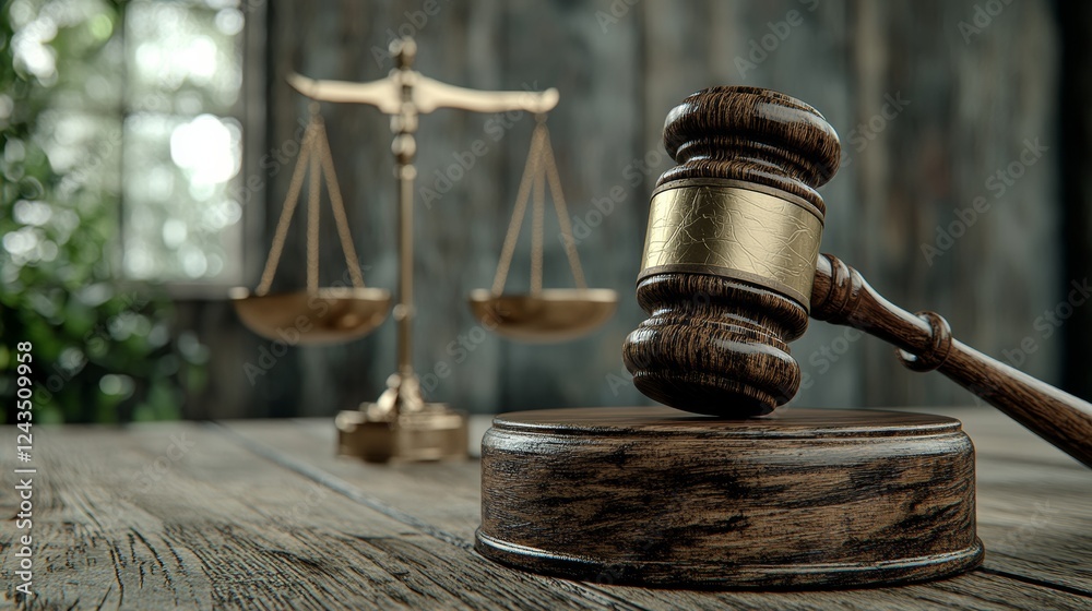 Symbolizing Justice: An Artistic Display of a Wooden Gavel and a Pair of Scales Against a Rustic Background Symbolizing Justice: An Artistic Display of a Wooden Gavel and a Pair of Scales Against a Rustic Background