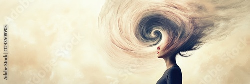 Surreal image depicting a woman with hair exploding from her head, symbolizing stress, information overload, burnout, and mental health challenges