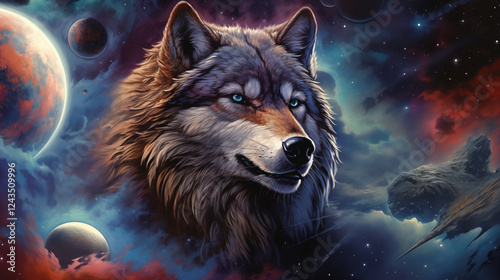 Cosmic Wolf with a Glowing Aura Against a Galactic Background Sci-Fi Fantasy photo