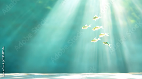 A small group of fish swims gracefully through turquoise water, illuminated by dramatic rays of sunlight. Perfect for marine conservation or ocean-themed visuals. Selective focus