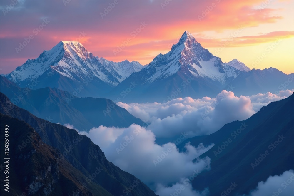 Majestic Himalayan peaks Annapurna IV and II shrouded in misty clouds at sunset, asia, mountains, clouds