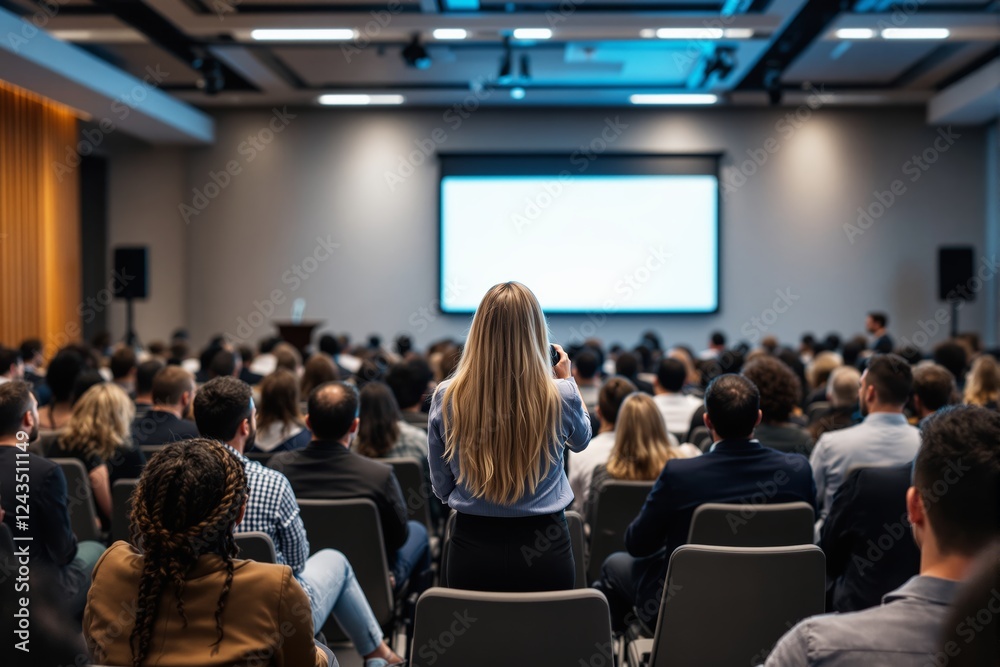 Audience attending a professional seminar in a conference hall, focusing on a woman in the foreground. Audience attending a professional seminar in a conference hall, focusing on a woman in the foreground.