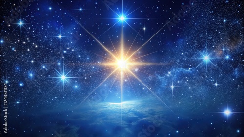 Wallpaper Mural Celestial scene with bright star shining in dark night sky, surrounded by stars and constellations, set against a deep blue background , celestial event, galaxy Torontodigital.ca