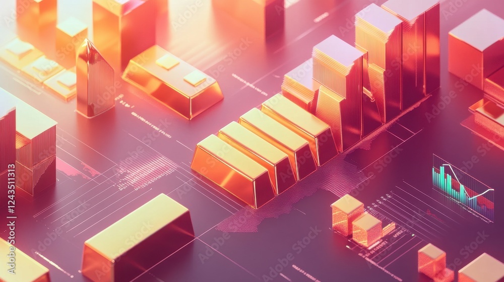 Gold bars arranged methodically in a modern digital landscape with vibrant colors and geometric forms created for a financial depiction Gold bars arranged methodically in a modern digital landscape with vibrant colors and geometric forms created for a financial depiction