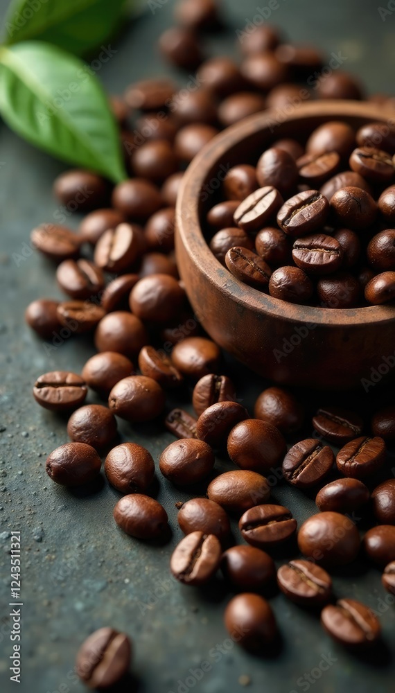 Fototapeta premium Raw coffee beans on a stone surface with a few leaves, natural texture, earthy