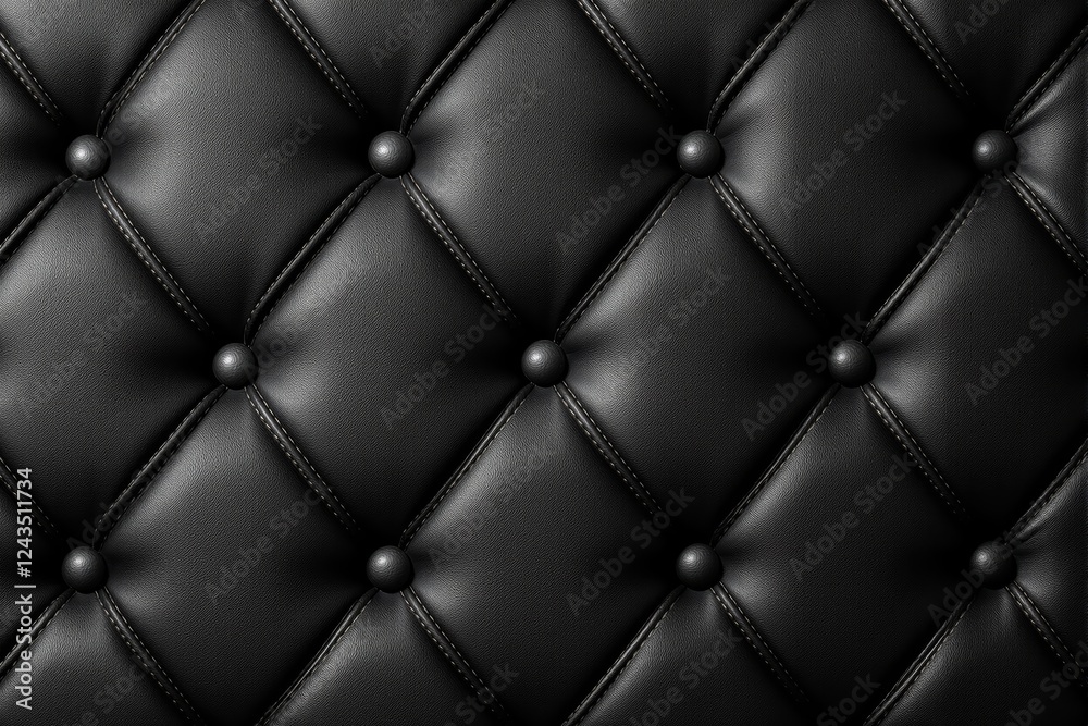 Fototapeta premium Black leather tufted pattern with buttons, detailed texture, close-up view on a dark background.