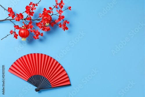 Red Chinese fan and cherry blossoms with lanterns on a blue background.