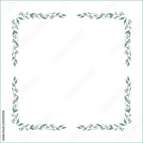 Wallpaper Mural Elegant green vegetal ornamental frame with leaves and purple flowers, decorative border, corners for greeting cards. Isolated vector illustration Torontodigital.ca