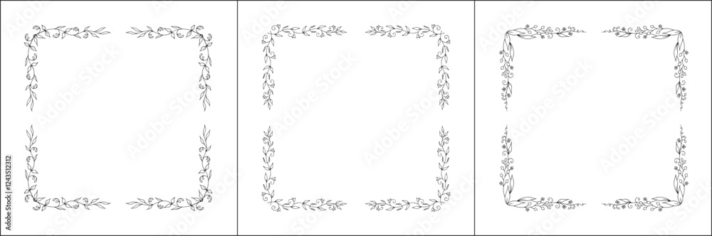 Set of three vegetal vector frames with forest flowers and leaves. Black and white. Vector frame for all sizes and formats. Isolated vector illustration. Set of three vegetal vector frames with forest flowers and leaves. Black and white. Vector frame for all sizes and formats. Isolated vector illustration.