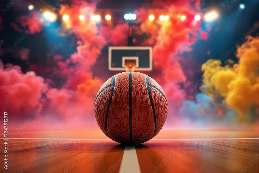 Obraz premium Basketball on court with colorful smoke and bright lights in the background.