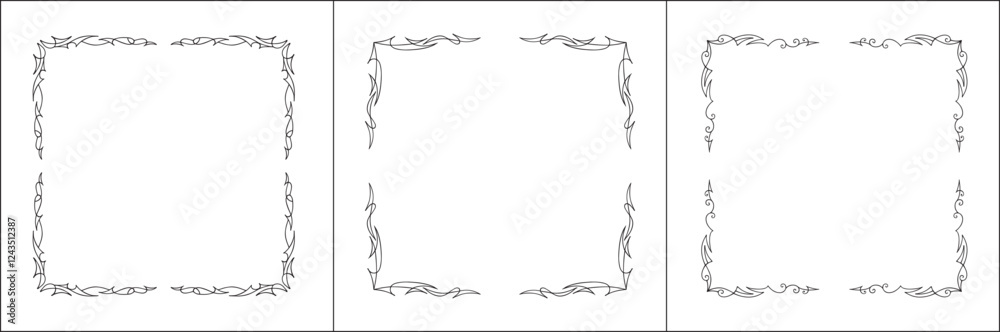 Set of three vector decorative frames. Black and white. Abstract vector frames for all sizes and formats. Isolated vector illustration. Set of three vector decorative frames. Black and white. Abstract vector frames for all sizes and formats. Isolated vector illustration.