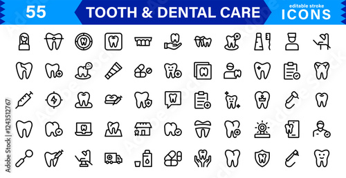 Dental Care & Tooth Icon Collection. Premium Vector Illustrations for Orthodontics, Oral Hygiene, and Dental Health Design Projects