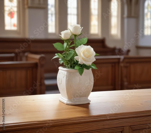 Urn for ashes covered with a single white rose placed on a pew in the church, pew decoration,