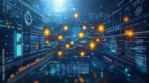 Abstract illustration of network connectivity and data speed. Glowing digital lines and nodes symbolizing fast data transfer and the efficiency of communication in the digital age.