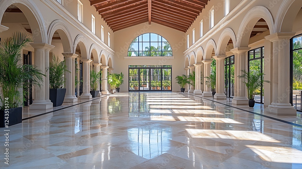 Obraz premium Sunlit grand hall with arches, columns, and polished marble floor.