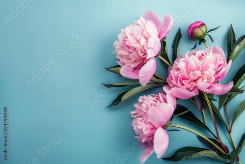Fototapeta Naklejka Na Ścianę i Meble -  peony pink large flowers blue backgrounds copy space leaf leaves stem branch blue wallpaper petal composition elegance