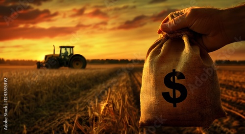 A farmer is standing in a corner of the field with a bag of money. This represents financial support and agricultural loans for agricultural cultivation. And the concept of support for farming.
