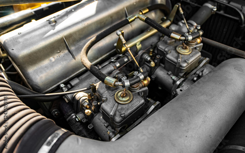 Detailed view of classic car engine components. photo