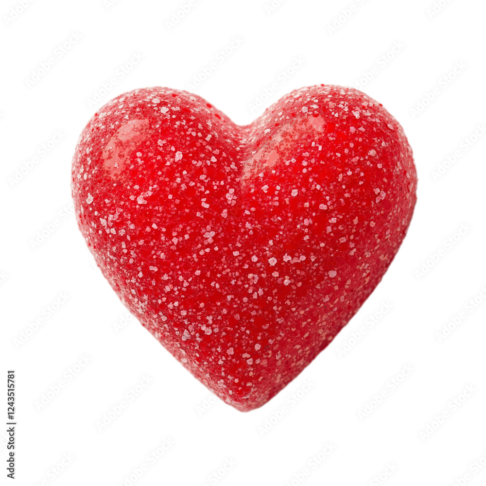 Bright red heart-shaped candy with sparkling sugar on a white background creating an isolated and visually appealing presentation Bright red heart-shaped candy with sparkling sugar on a white background creating an isolated and visually appealing presentation