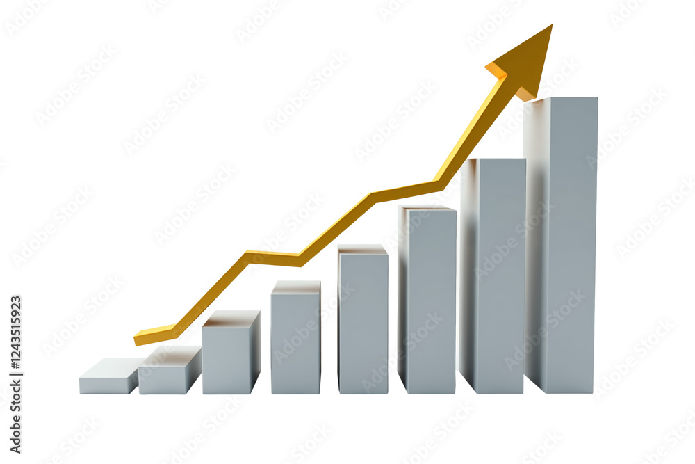 Increasing financial growth represented by a rising financial chart with three-dimensional bars and an upward trend arrow in a professional setting Increasing financial growth represented by a rising financial chart with three-dimensional bars and an upward trend arrow in a professional setting