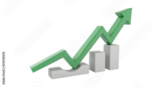 Green upward arrow representing growth on three white bars symbolizing increasing progress and success against an isolated white background