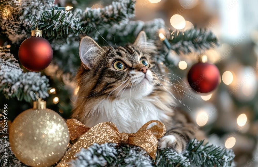 Obraz premium Adorable Tabby Cat Curiously Observing Christmas Tree Decorations with Shimmering Ornaments and Sparkling Lights in a Cozy Holiday Setting