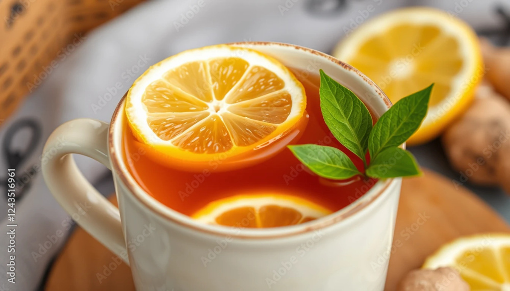 a close up of a warm ginger lemon tea in a ceramic mug with a slice of ginger a close up of a warm ginger lemon tea in a ceramic mug with a slice of ginger