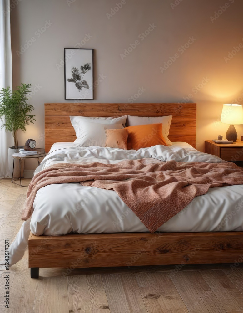 Naklejka premium Warm and cozy bedroom with a minimalist bed frame, minimalist, bed, warm light