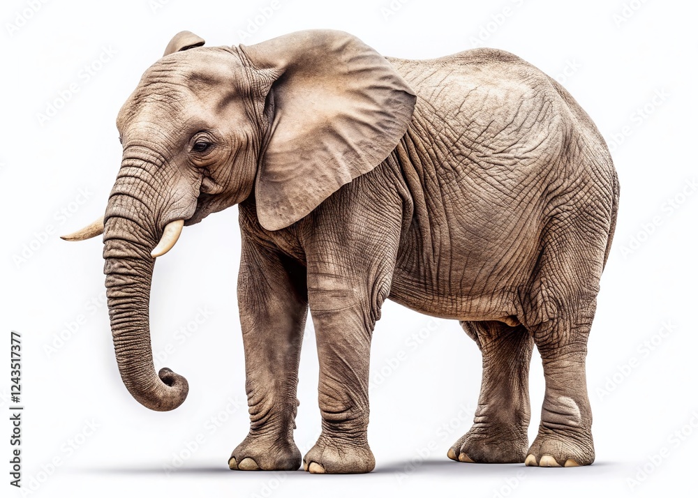 Obraz premium Isolated Young African Elephant on Pure White Background - Wildlife Stock Photo