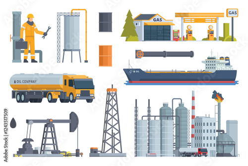 Oil & Gas Industry Illustration Bundle. Vector Set of Oil Well and Rig, Oil Worker, Oil Refinery, Gas Station, and Oil Transportation like Oil Truck and Tanker Ship. Fully Editable Modular Elements.
