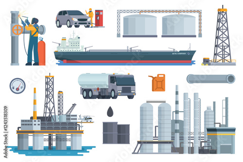 Oil & Gas Industry Illustration Bundle. Vector Set of Oil Well and Rig, Oil Worker, Oil Refinery, Gas Station, and Oil Transportation like Oil Truck and Tanker Ship. Fully Editable Modular Elements.