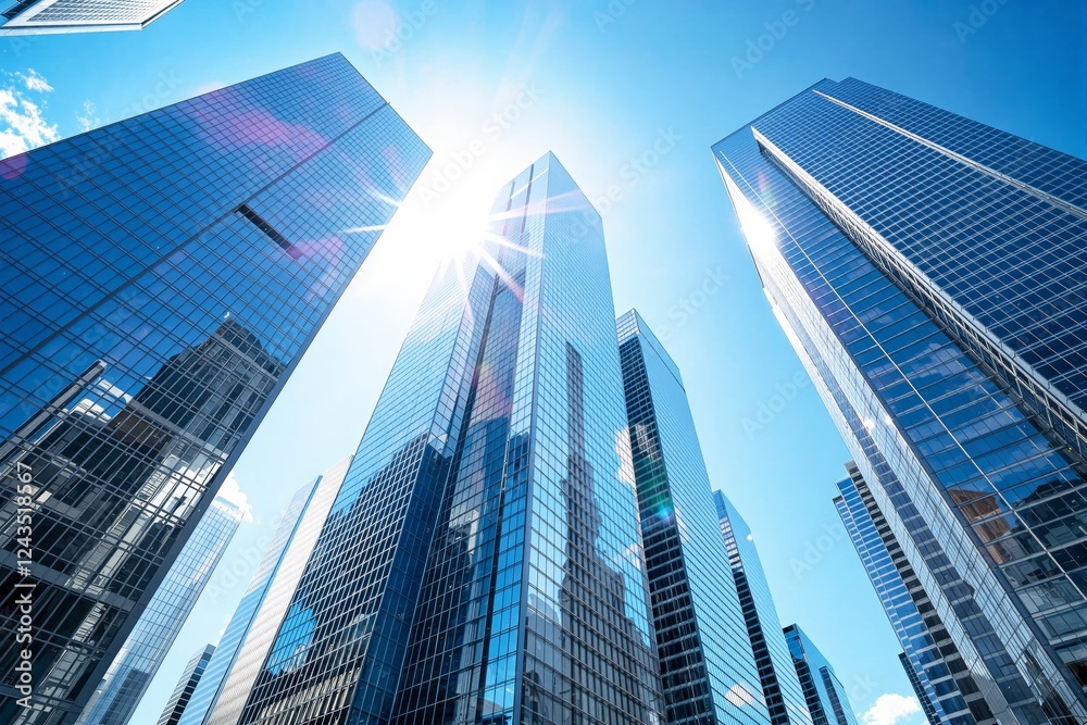 Skyscrapers against clear sky with sunlight reflection on glass facades. Skyscrapers against clear sky with sunlight reflection on glass facades.