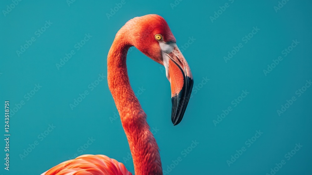 Obraz premium blue backgrounds wall pink face flamingo side view and copy space minimal theme vibrant