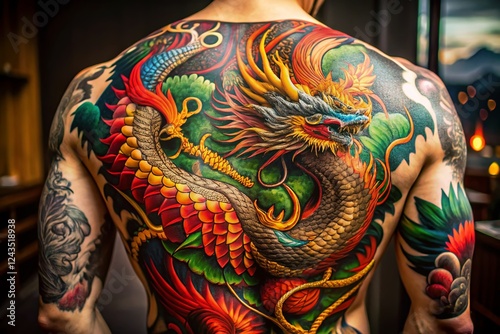 Japanese Dragon Phoenix Back Tattoo in Progress - Detailed Traditional Ink Work photo