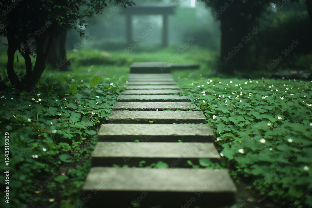 P A serene image of a stone pathway leading t P A serene image of a stone pathway leading t